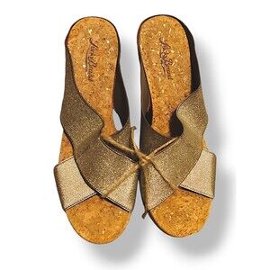Lucky Brand Miller 2 Metallic Wedge Cork Soft Bed Sandals Shoes Size 8.5M Y2K